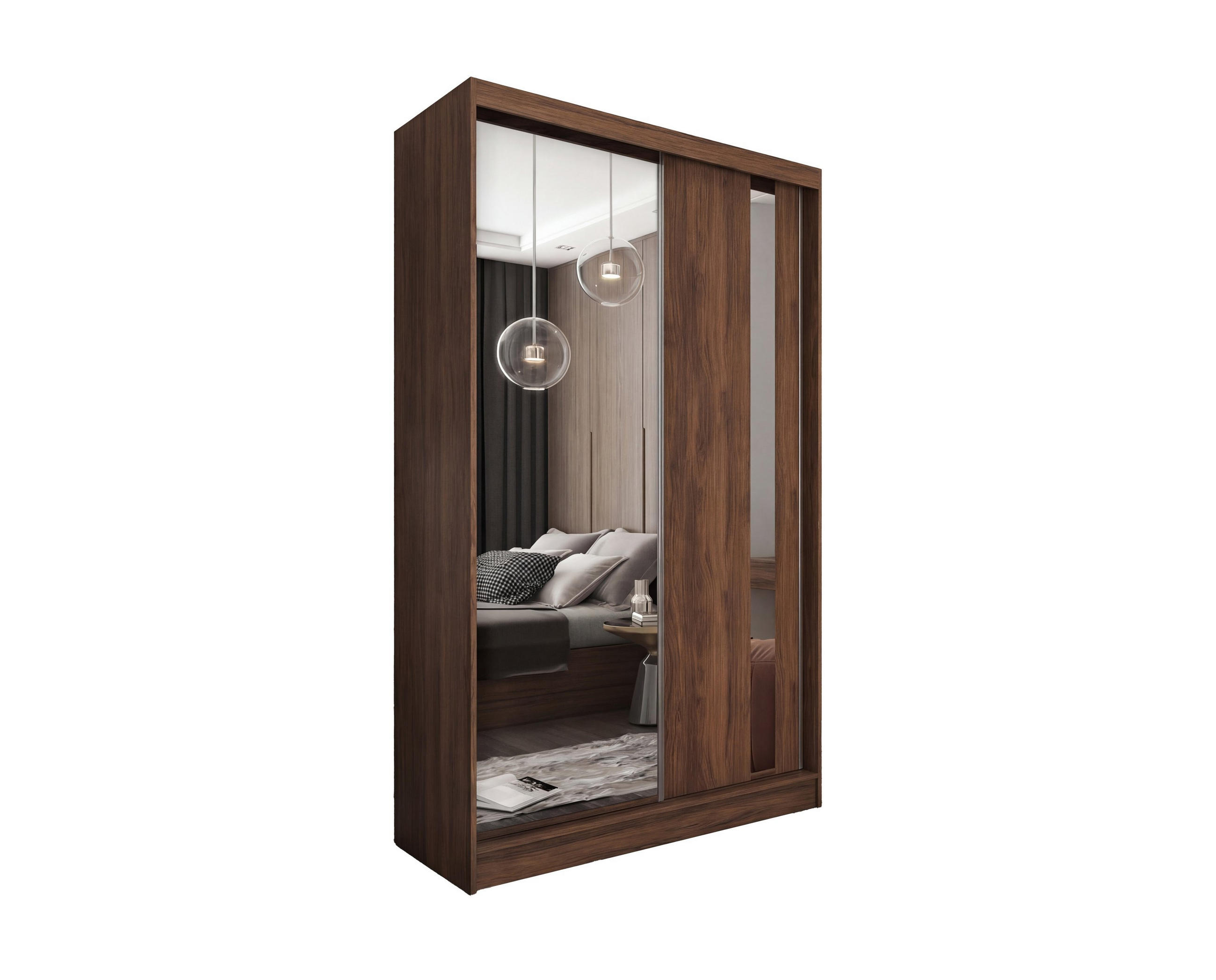 SCHWEBETÜRENSCHRANK GRAZIA 120/216/61 cm Modern Kleiderschrank 2-türig mit Spiegel Nussbaumfarben - Nussbaumfarben, Holzwerkstoff (120/216/61cm) - MASSENO