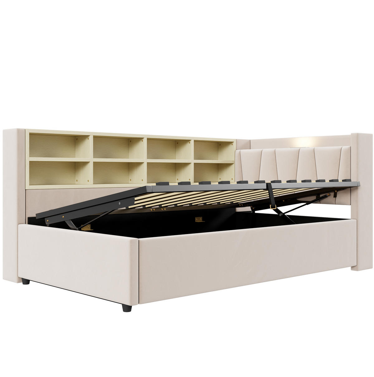 SCHLAFSOFA aus Samt 90x200 cm Beige mit hydraulischem Stauraum, Nachtlicht, USB- und Typ-C-Anschlüssen - Beige, Textil (90/200cm) - IVMEU