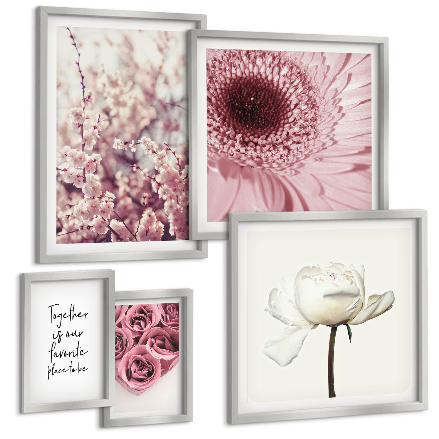 BILDER SET 5er Set - 50x50 cm & 20x30 cm & 40x60 cm Silberner Rahmen - Blumensträuße mit Rosen, Hausinschrift - Silberfarben, Kunststoff (40/60cm) - TULUP
