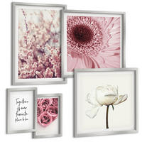 BILDER SET 5er Set - 50x50 cm & 20x30 cm & 40x60 cm Silberner Rahmen - Blumensträuße mit Rosen, Hausinschrift - Silberfarben, Kunststoff (40/60cm) - TULUP
