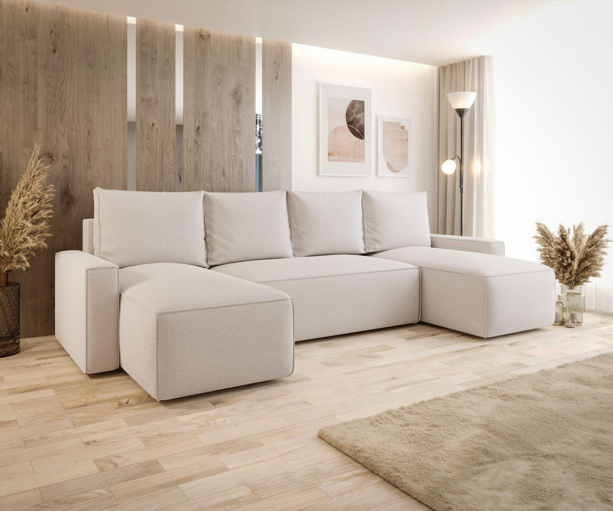 WOHNLANDSCHAFT mit Schlaffunktion SAVIO U Curio 02 - Creme, Textil (300/75/140cm) - Bedante