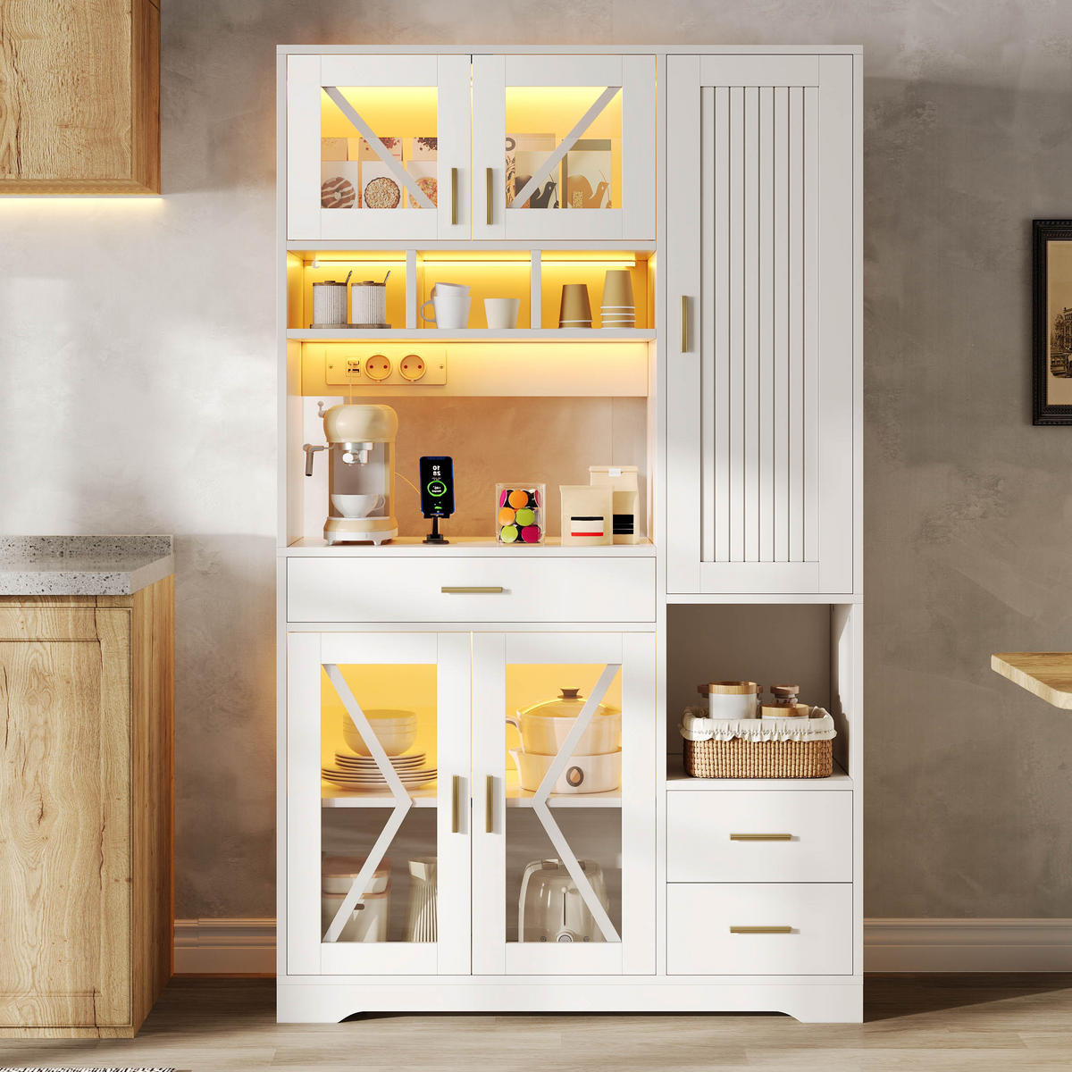 BUFFET Küchenschrank mit Glastüren & vielseitigem Stauraum, 185/105/40 cm, Holzwerkstoff, ohne Farbangabe - Weiß, Glas/Holzwerkstoff (105/185/40cm) - EVRYAE