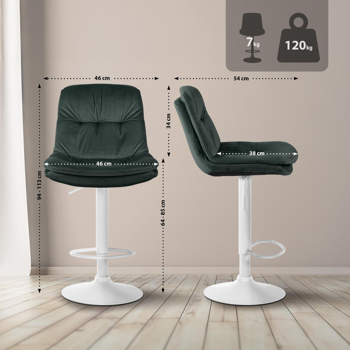 BARHOCKER Samt dunkelgrün - Dunkelgrün/Schwarz, Textil (46/94/54cm) - CLP