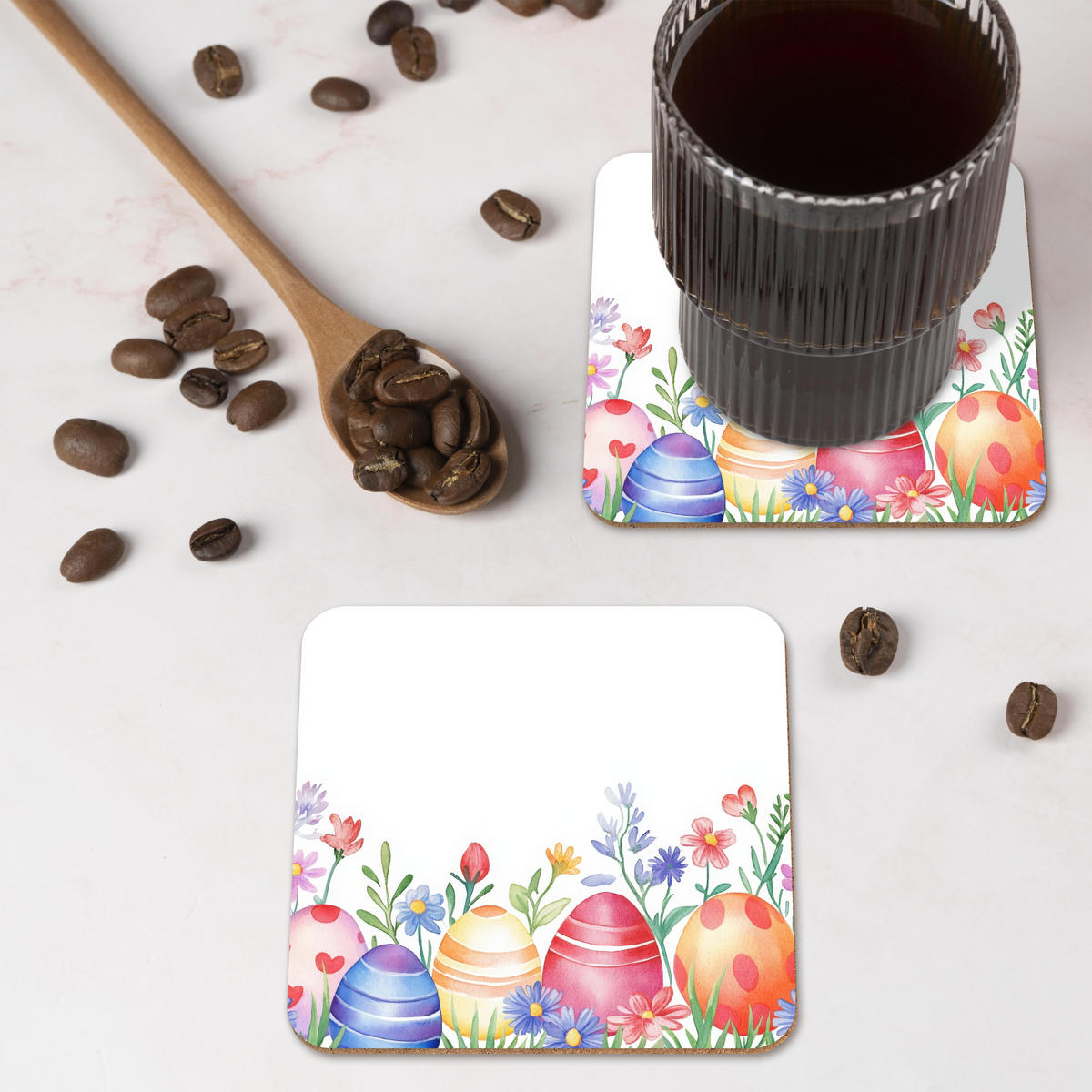 GLASUNTERSETZER 6er-Set Blumengarten - Bunt - Eier 10x10 cm - Weiß, Naturmaterialien (10/0.2cm) - MuchoWow