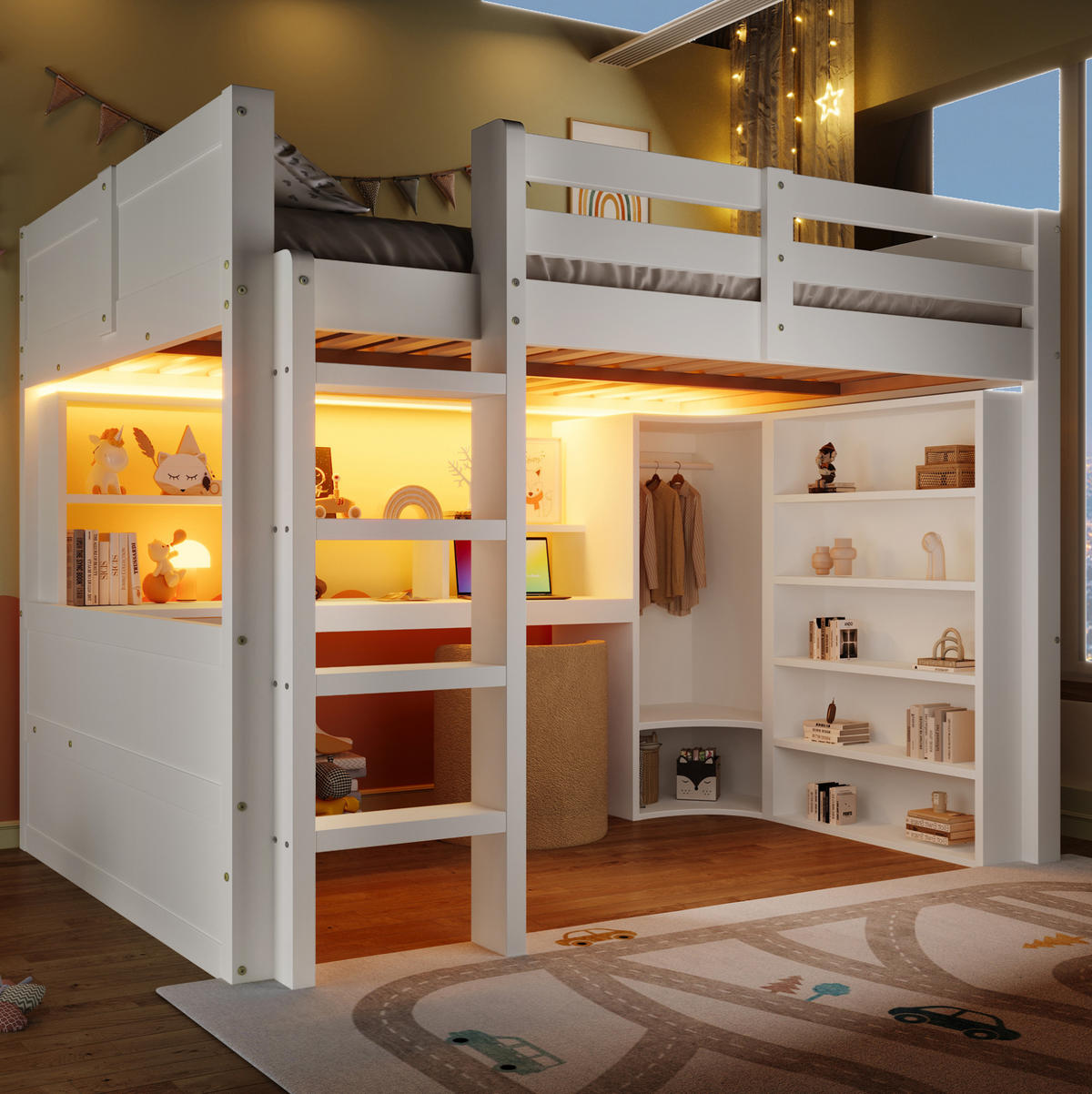 HOCHBETT 140/200 cm in Weiß mit Schreibtisch, Kleiderschrank und Stauraum - Weiß, Holzwerkstoff (140/200cm) - BEAOK