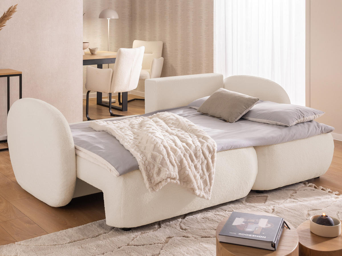 ECKSOFA Candy mit Schlaffunktion Hellbeige Bouclé-Stoff - Ottomane rechts - Beige/Schwarz, Holz/Kunststoff (146/230cm) - S-Style Möbel