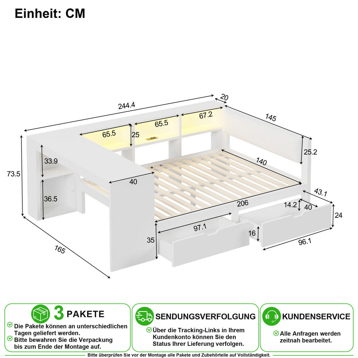 BETT 140/200 cm in Weiß mit 2 Schubladen, LED, USB und Ablagen - Weiß, Holz/Holzwerkstoff (140/200cm) - CHICFURN