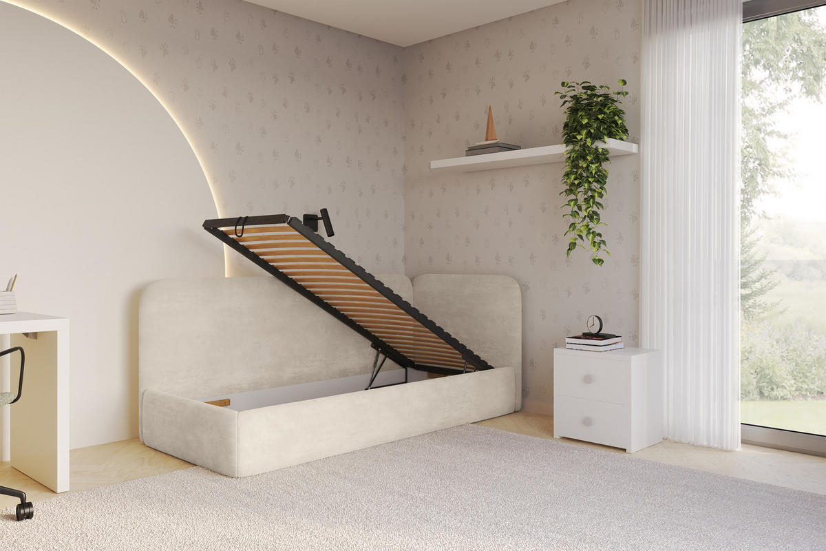 EINZELLBETT Jugendbett mit Bettkasten und Matratze H3/H4, Links - ELSY 100x200 Beige - Beige, Holzwerkstoff/Textil (100/200cm) - ALTDECOR