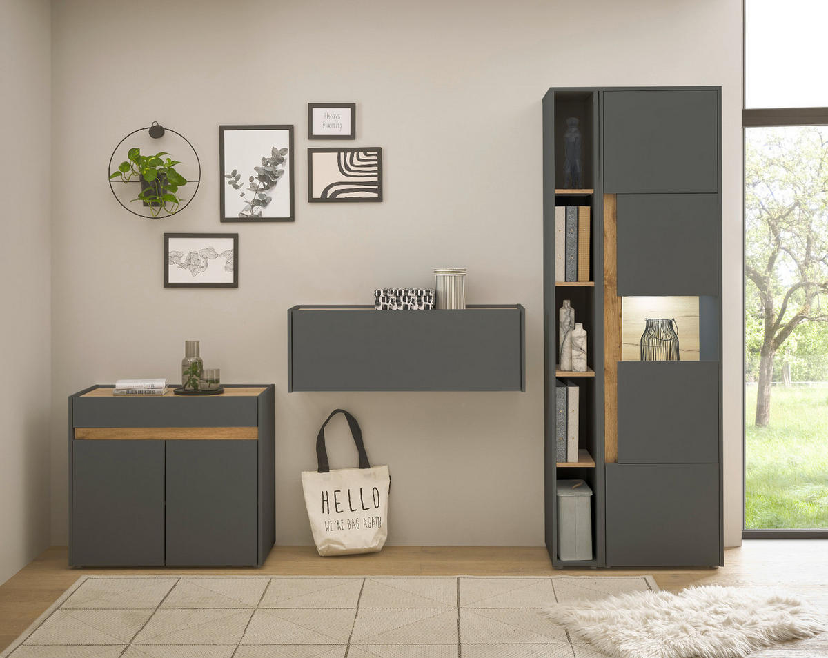 AKTENSCHRANK Set 4-teilig grau matt, Eiche Wotan 290 cm, Büromöbelkombination mit Sekretär und viel Stauraum - Eiche Wotan/Schwarz, Glas/Holzwerkstoff (290/200/40cm) - Furn.Design