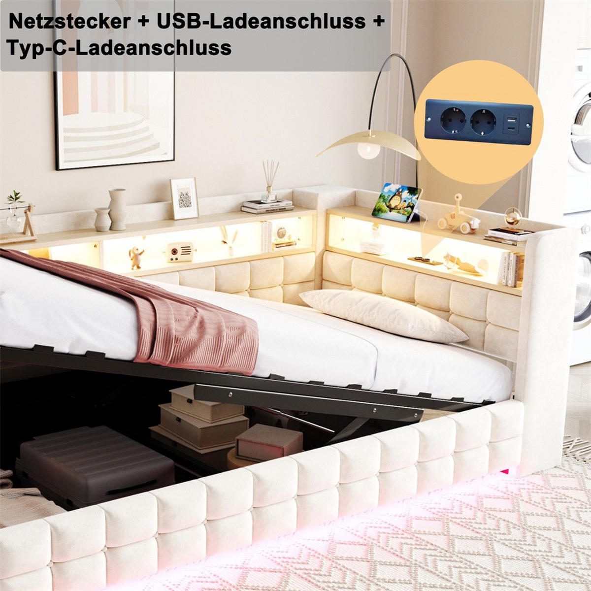 POLSTERBETT 90x200 cm mit hydraulischem Stauraum und Regal - LED Beleuchtung - USB & Typ-C - Beige - ohne Matratze - Beige, Textil (90/200cm) - DELFA