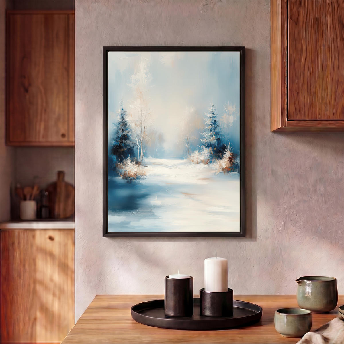 LEINWAND Bilder mit Rahmen - Wald – Winter – Natur – Abstrakt – Schnee - 30x40 - Weiß, Textil (30/40cm) - MuchoWow