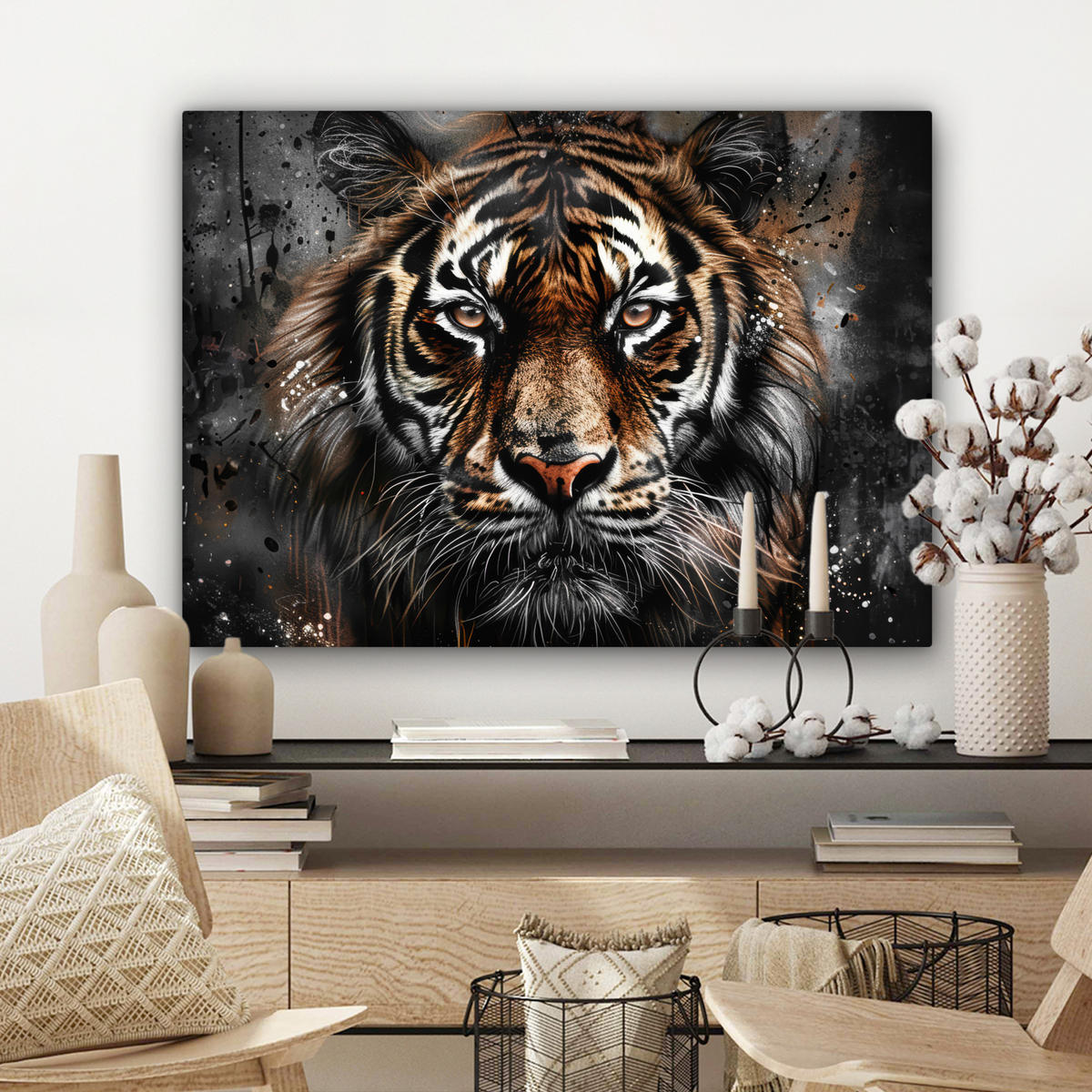 LEINWANDBILD Tiger - Tiere - Porträt - Luxus - Schwarz Wandbilder 80x60 cm - Anthrazit, Textil (80/60cm) - MuchoWow