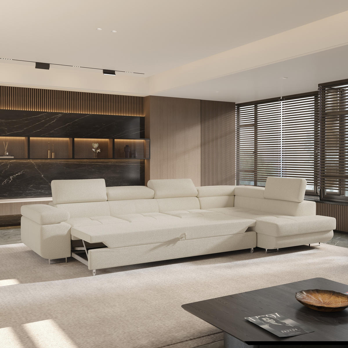 ECKSOFA VICENTE Creme Boucle-Stoff mit Schlaffunktion - Creme, Holz (346/202cm) - MASSENO