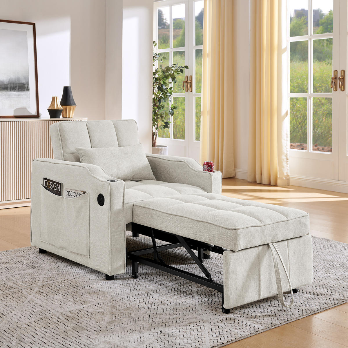 SCHLAFSESSEL 3-in-1 mit Liegefunktion 190 cm Holz/Stoff Beige - Beige, Holz (85/86/190cm) - Meubliv