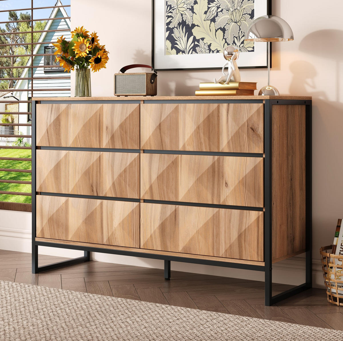 SIDEBOARD mit 6 Schubladen, Schwarz und Holz mit Metallgestell und verdeckten Griffleisten, 120/40/80 cm,Naturfarben - Naturfarben, Holzwerkstoff (120/80/40cm) - Redom