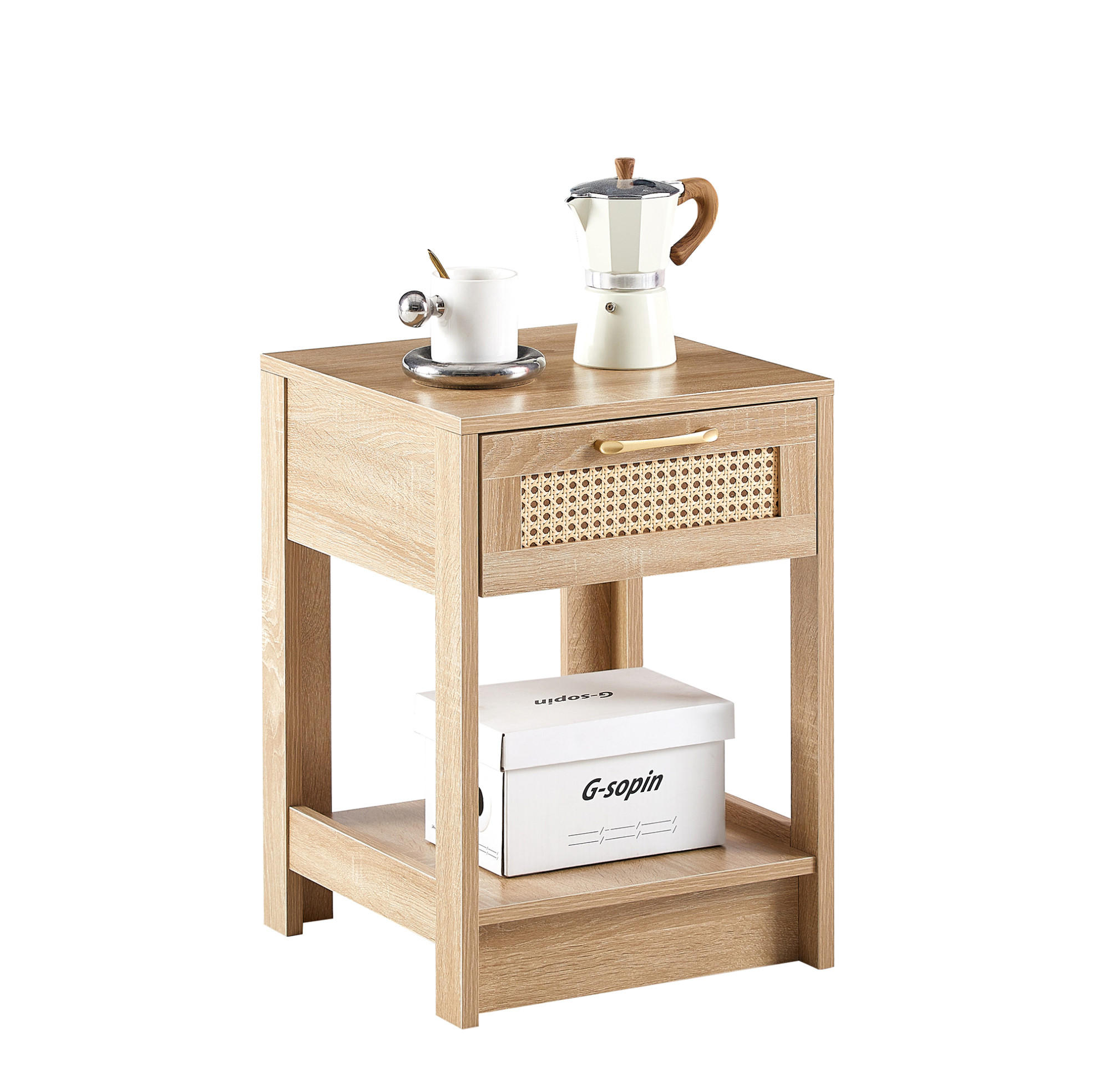NACHTTISCH 40/40/55 cm in Natur mit Rattanfront und Schublade - Hellbraun, Holzwerkstoff (40/55/40cm) - Flora Grace