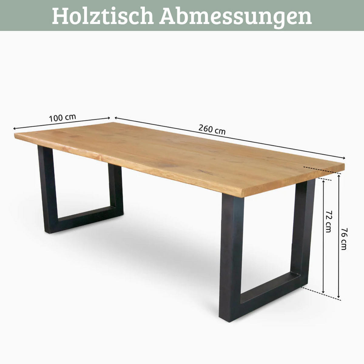ESSTISCH Massivholz mit Baumkante RAGNAR 260x100 cm Eichenholz U-Tie Gestell - Braun, Holz/Metall (100/260/76cm) - DELUKE