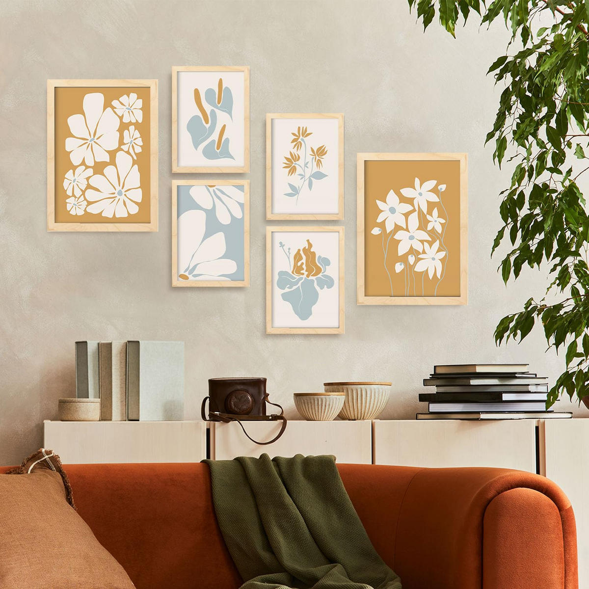 POSTER Set Mit 6 Blumenrahmen 2 In Blume Zusammenfassung Ästhetische Dekorative Gemälde Für Ihr Wohnzimmer Zuhause A3 & A4 Rahmen Aus Hellem Holz - Beige, Papier (29/3cm) - Nacnic