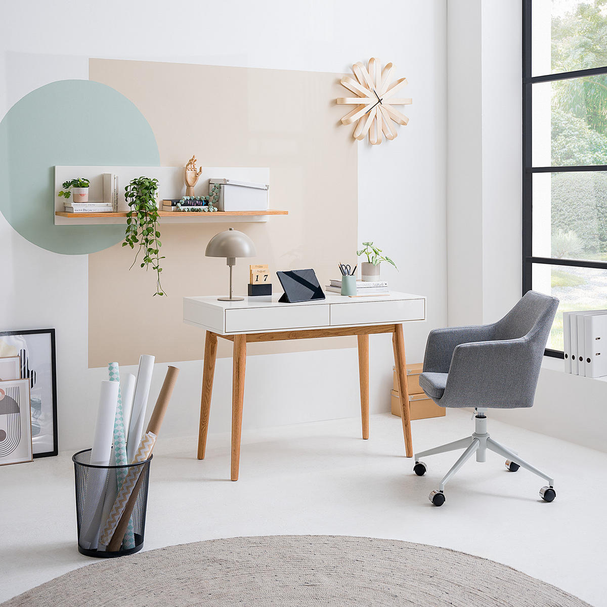 SCHREIBTISCH mit 2 Schubladen - Weiß / Eiche - Weiß, Holzwerkstoff (50/110/80cm) - home24