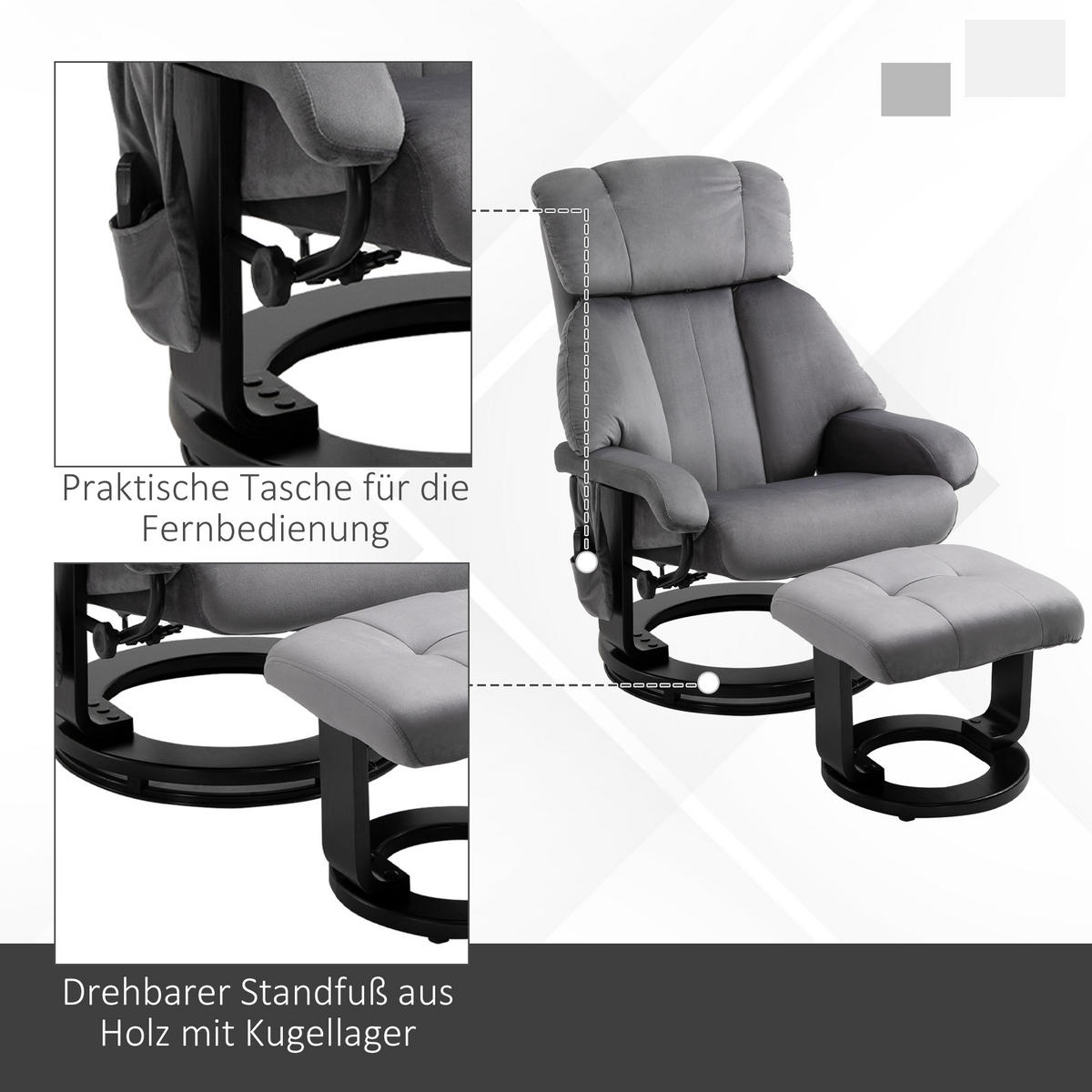 MASSAGESESSEL inkl. Hocker Fernsehsessel drehbar Relaxsessel Samt-Touch Grau - Grau, Kunststoff (80/102/76cm) - HOMCOM