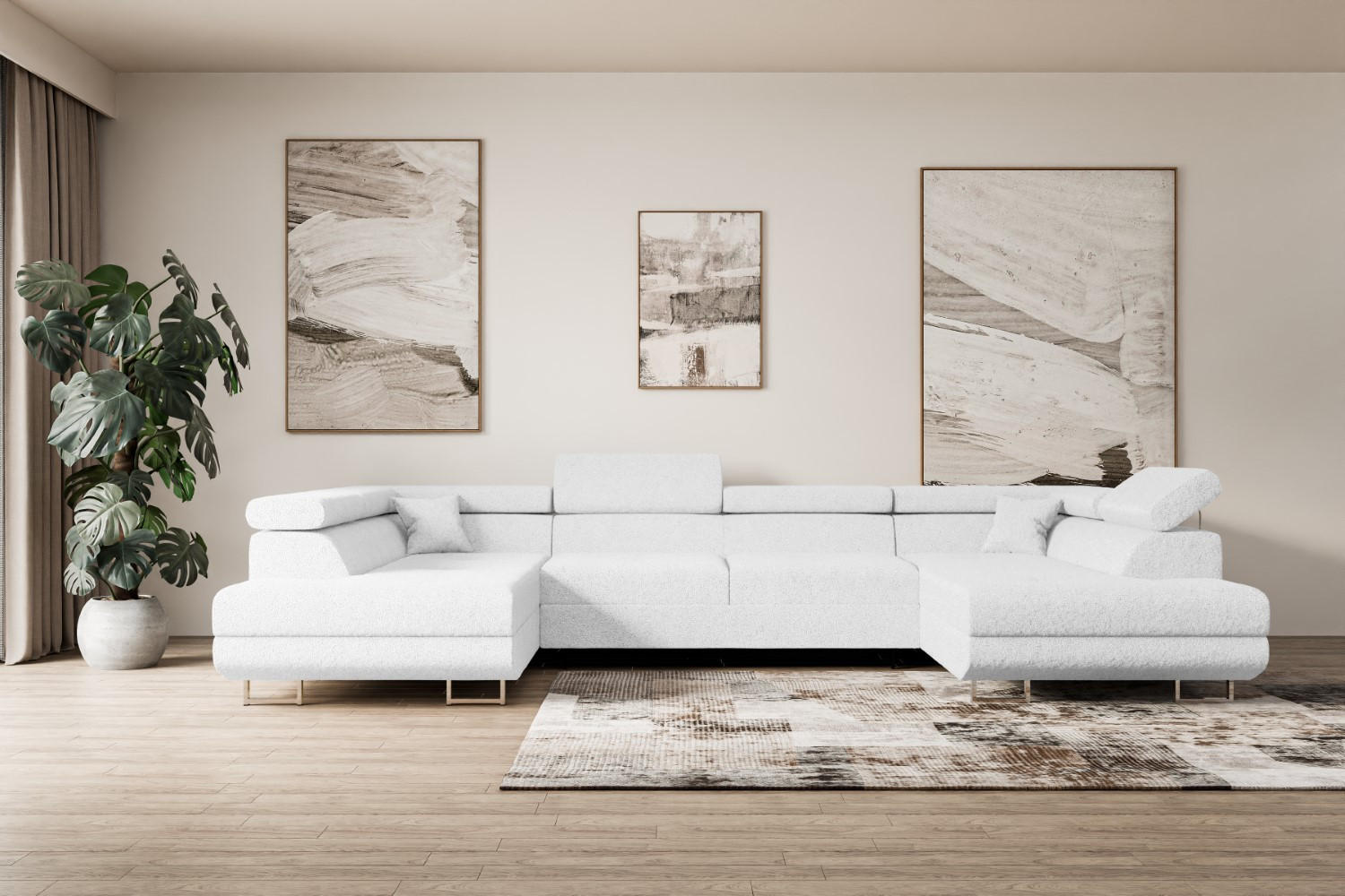 WOHNLANDSCHAFT mit Schlaffunktion und Bettkasten GUSA-U 342x202x107 cm Weiß Bouclé - Silberfarben/Weiß, Holzwerkstoff/Textil (342/107/202cm) - ALTDECOR
