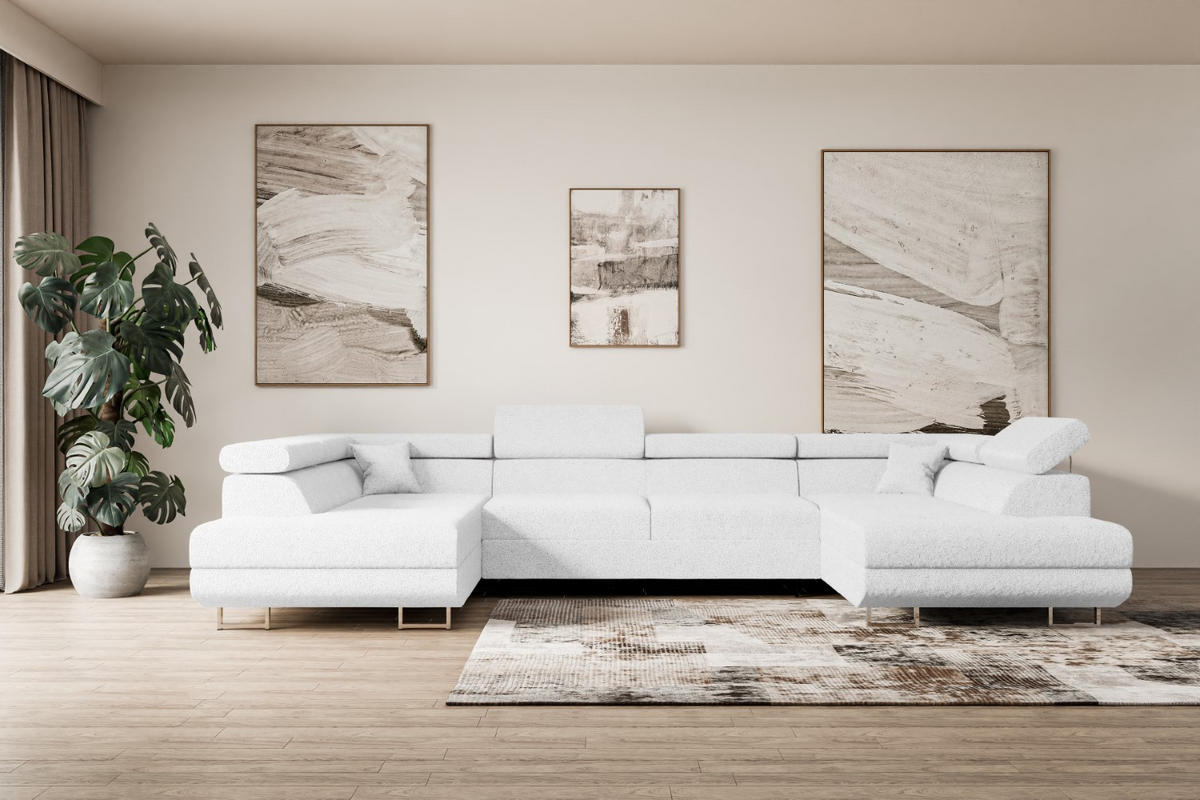 WOHNLANDSCHAFT mit Schlaffunktion und Bettkasten GUSA-U 342x202x107 cm Weiß Bouclé - Silberfarben/Weiß, Holzwerkstoff/Textil (342/107/202cm) - ALTDECOR