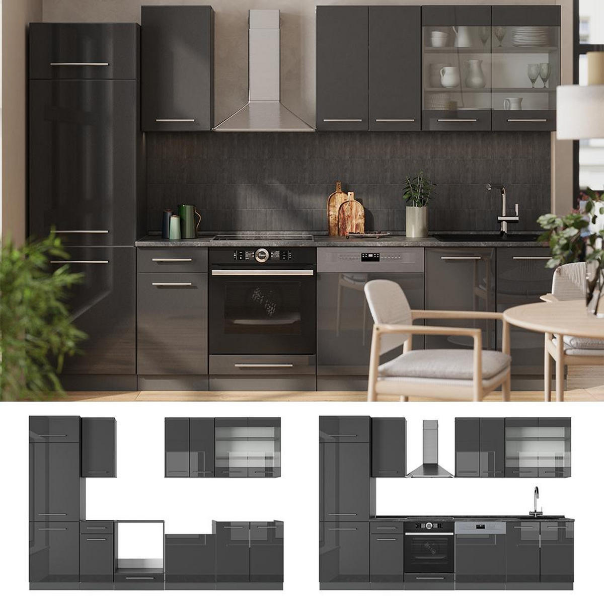 CHICINETĂ Fame-Line Antracit lucios ridicat 300 cm fara blat - negru cu luciu intens/antracit, compozit lemnos (300/206.8/51.6cm) - Vicco