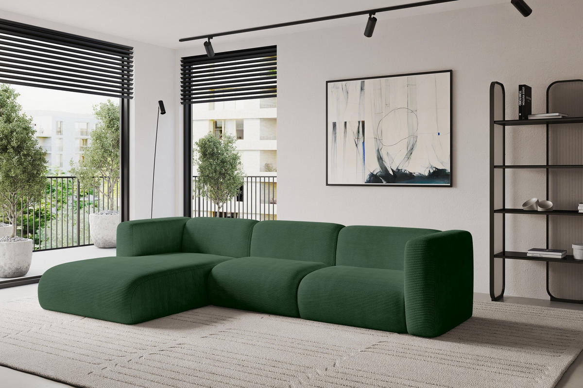 ECKSOFA Ottomane Links MIRA-L2 318x179x89 Grün Cord - Salbeigrün/Schwarz, Holzwerkstoff/Kunststoff (318/179cm) - ALTDECOR