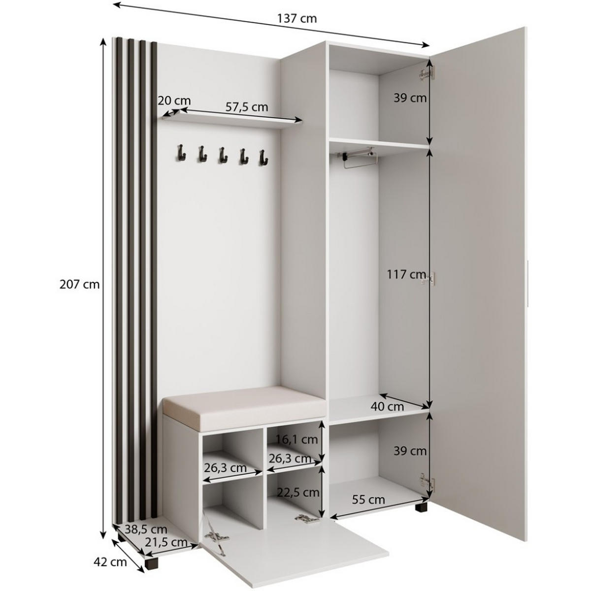 GARDEROBENSCHRANK Livia mit Aufhängern und Spiegel, Weiß, links - Schwarz/Weiß, Holzwerkstoff (137/207/42cm) - Beautysofa