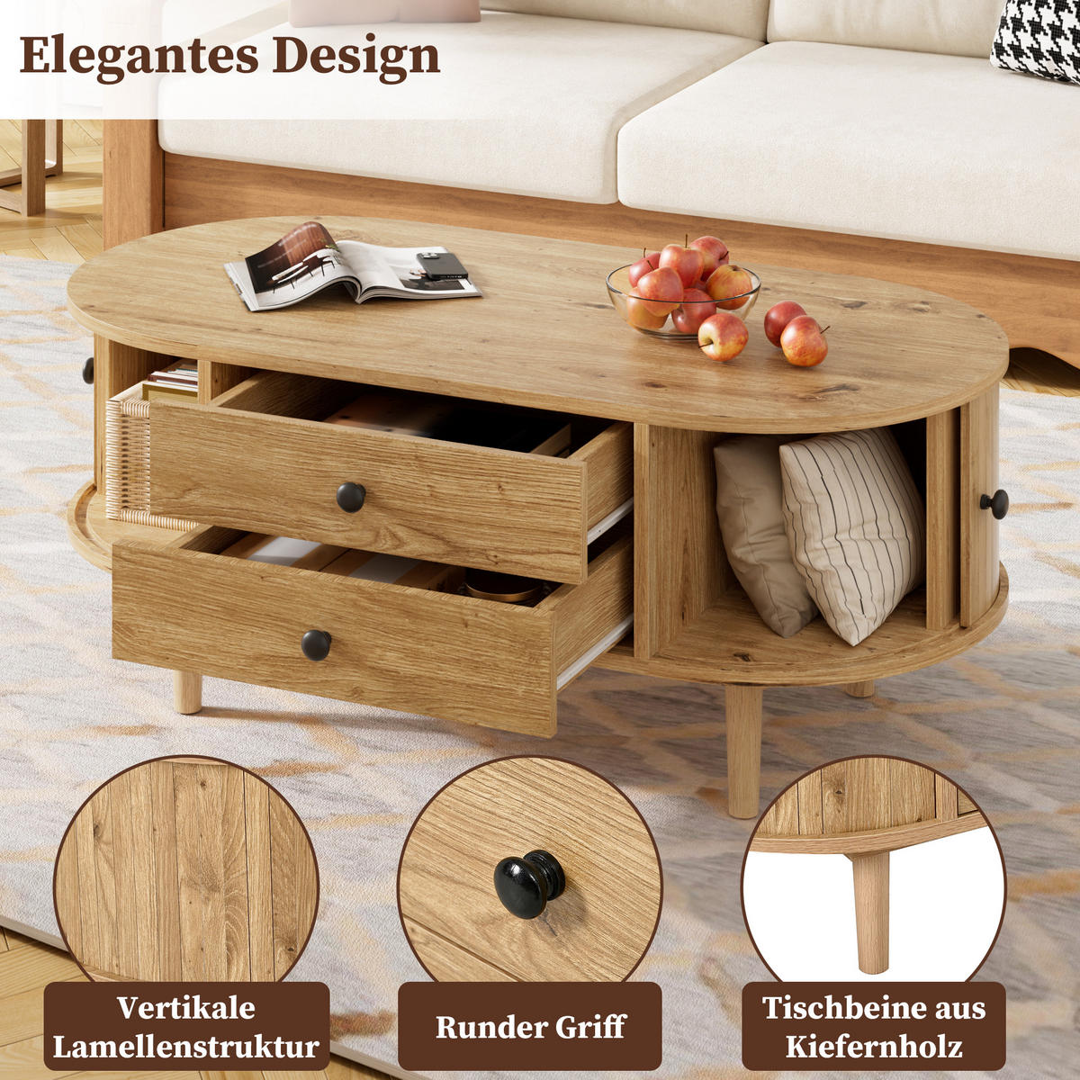 COUCHTISCH Oval Leisten Schiebetüren 2 Schubladen MDF - Eichefarben, Holzwerkstoff (100/50/40cm) - FLIEKS