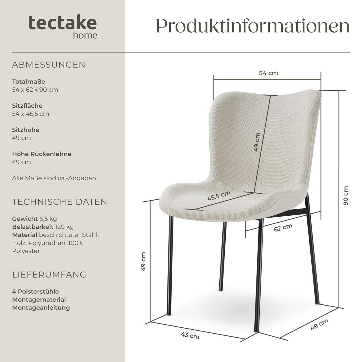 POLSTERSTUHL 4er Set Tessa 54 x 62 x 90 cm Webstoff off-white/schwarz - Schwarz/Weiß, Textil (54/90/62cm) - tectake