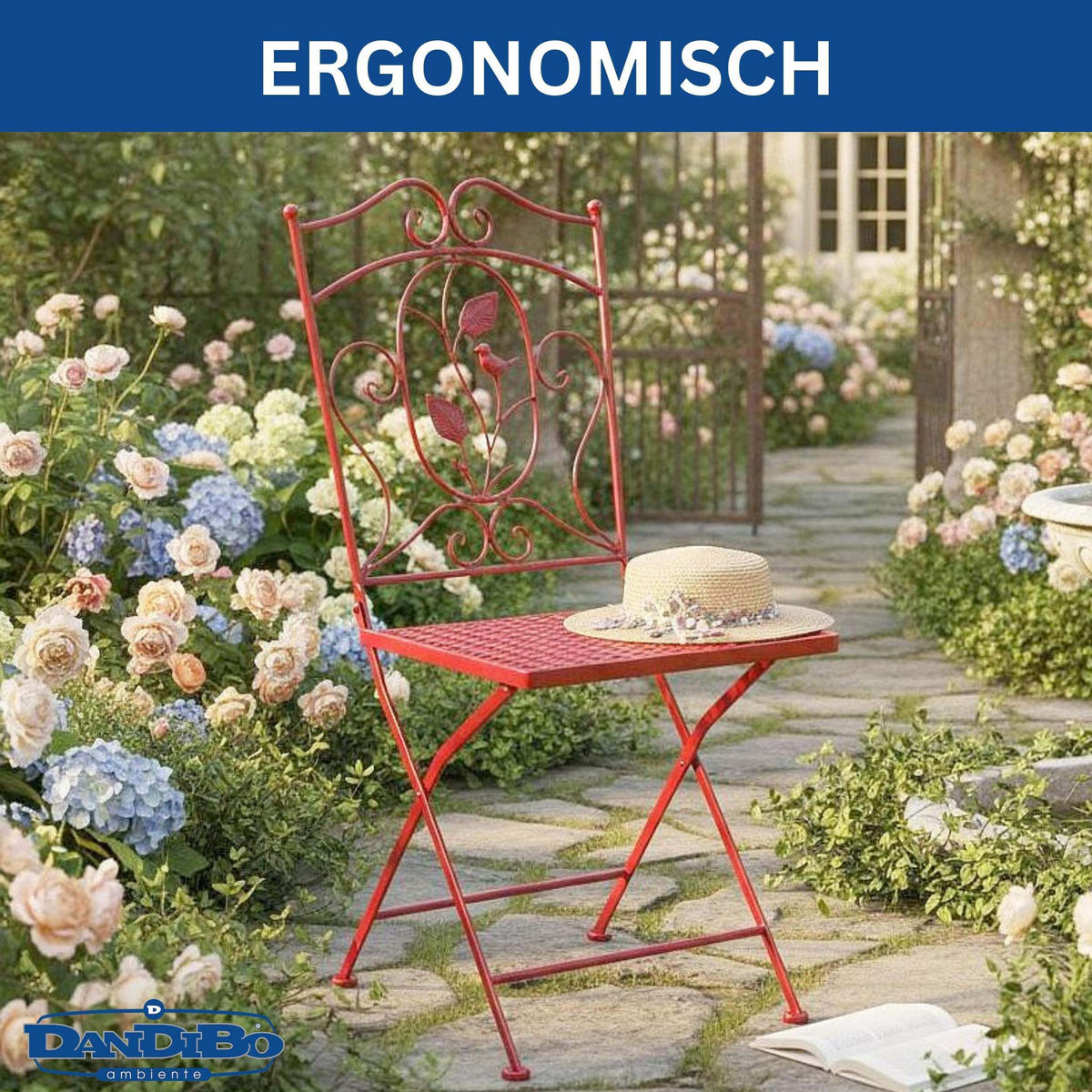 GARTENSTUHL Klappbar Antik Rot Metall Rosso Wetterfest 90cm Bistrostuhl - Rot, Metall (38.5/90/35cm) - DanDiBo