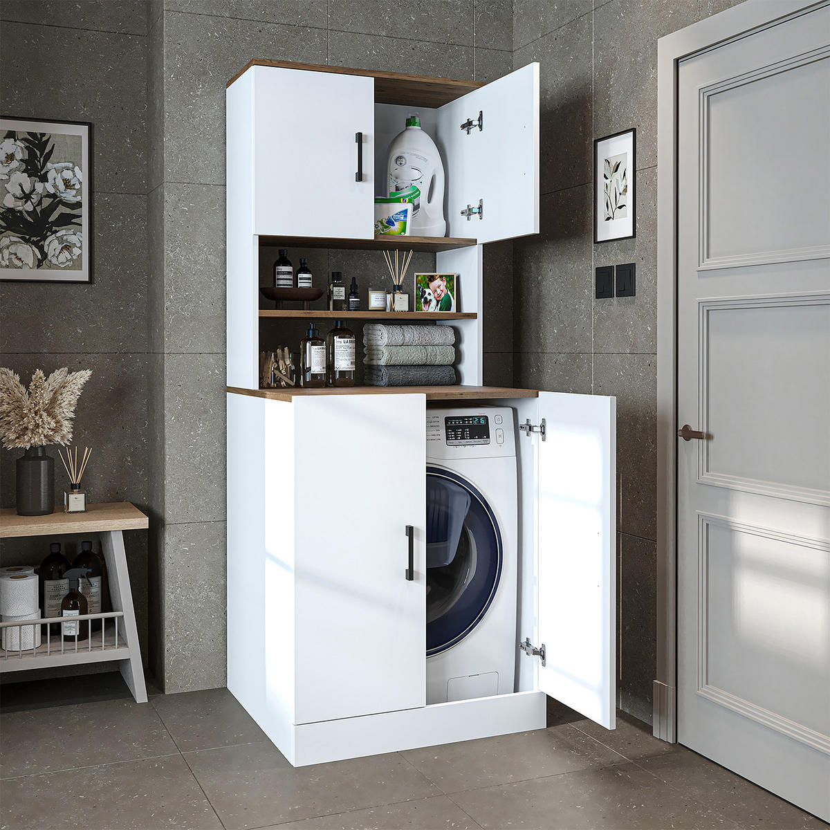 WASCHMASCHINENSCHRANK Atlantic I 70cm Breit, 180cm Hoch - Eiche Bianco, Holzwerkstoff (70/180/69cm)