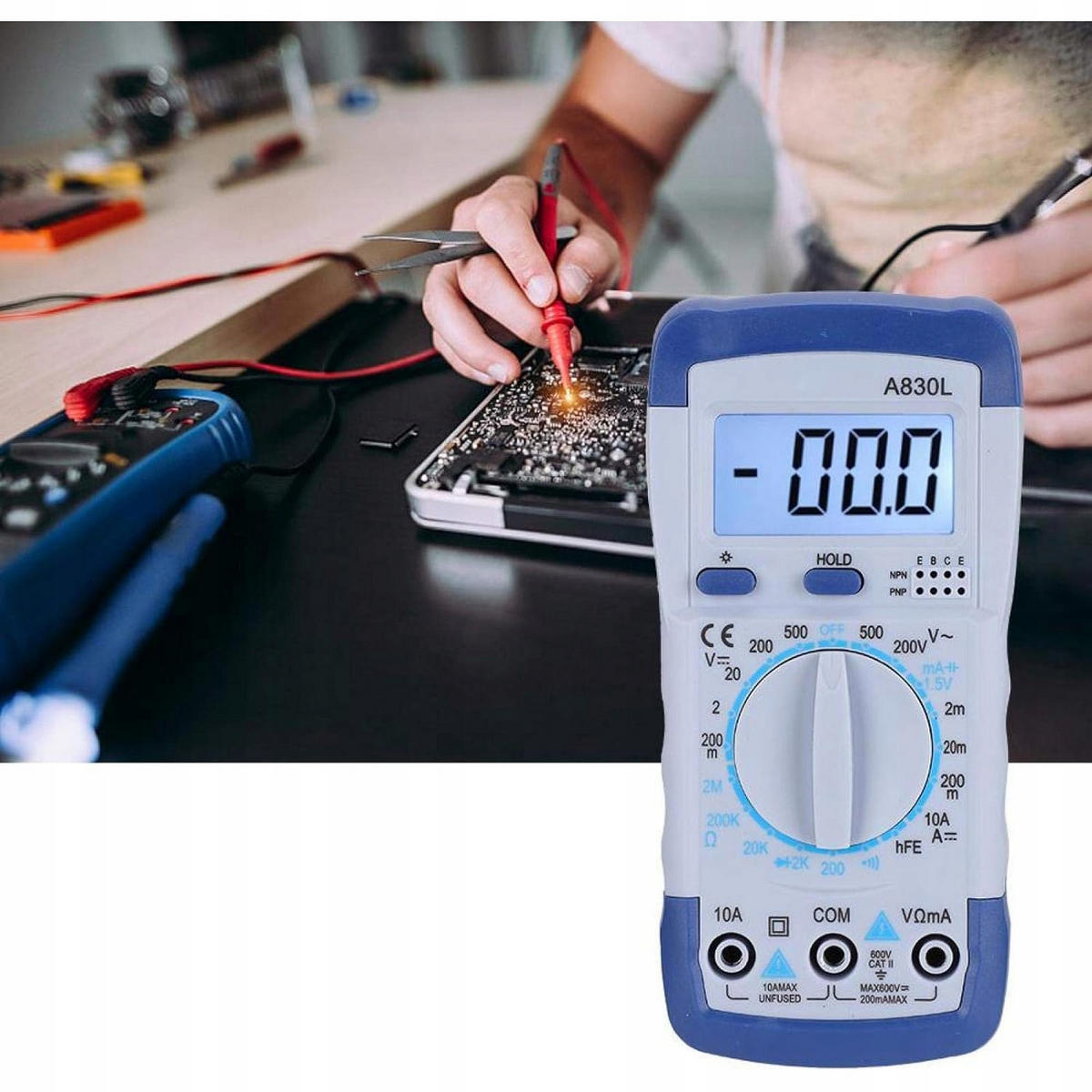 MULTIMETER A830L Digitales Multimeter, LCD, AC/DC V, DCA 10 A, Ω bis 2 MΩ, Diodentest, Durchgang, HFE, Hold, Beleuchtung, 9 V, 140 x 70 x 35 mm - Multicolor, Kunststoff/Metall (10/10/10cm)