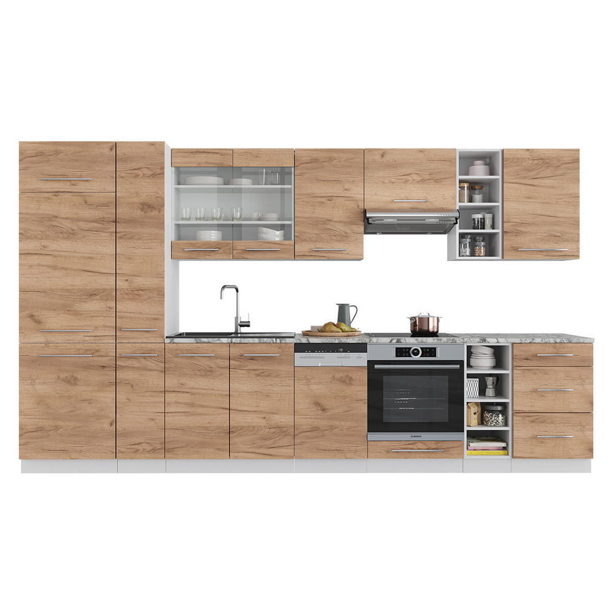 KÜCHENZEILE Fame-Line Goldkraft Eiche/Weiß 355 cm ohne AP - Honigeiche/Eiche Wotan, Holzwerkstoff (355/81.6/46cm) - Vicco