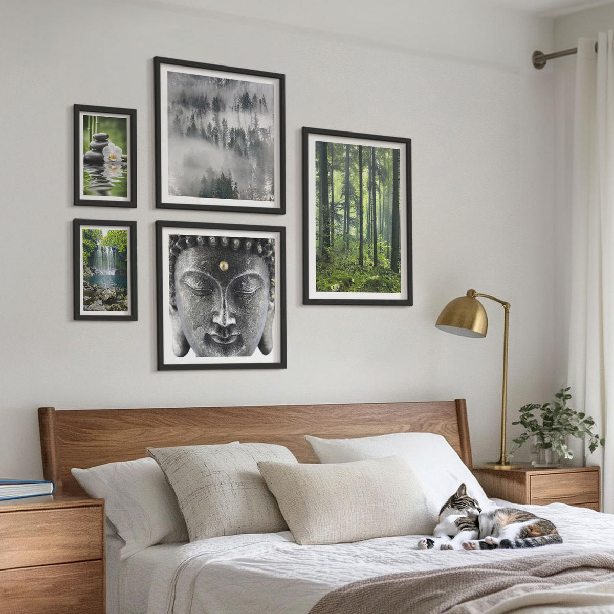 WANDBILDER 5er-Set - 50x50 cm & 20x30 cm & 40x60 cm Schwarzer Rahmen - Harmonie der Natur, Steine, Wasser, Buddha - Schwarz, Kunststoff (40/60cm) - ArtPrintCave