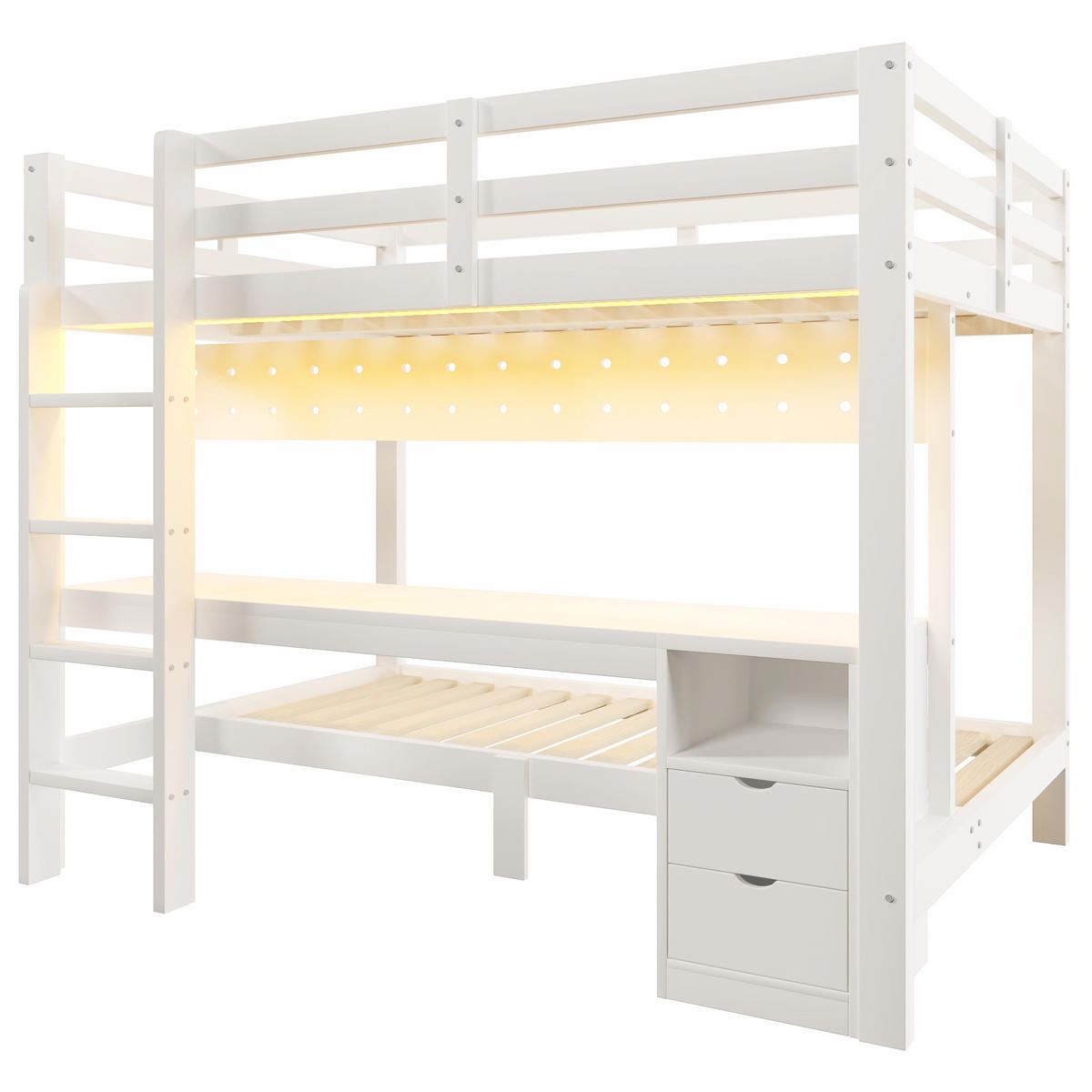 HOCHBETT 140/200 cm & 90/200 cm in Weiß mit Schubladen, Schreibtisch, Lochplatte und LED - Weiß, Holz/Holzwerkstoff (140/200cm) - CHICFURN