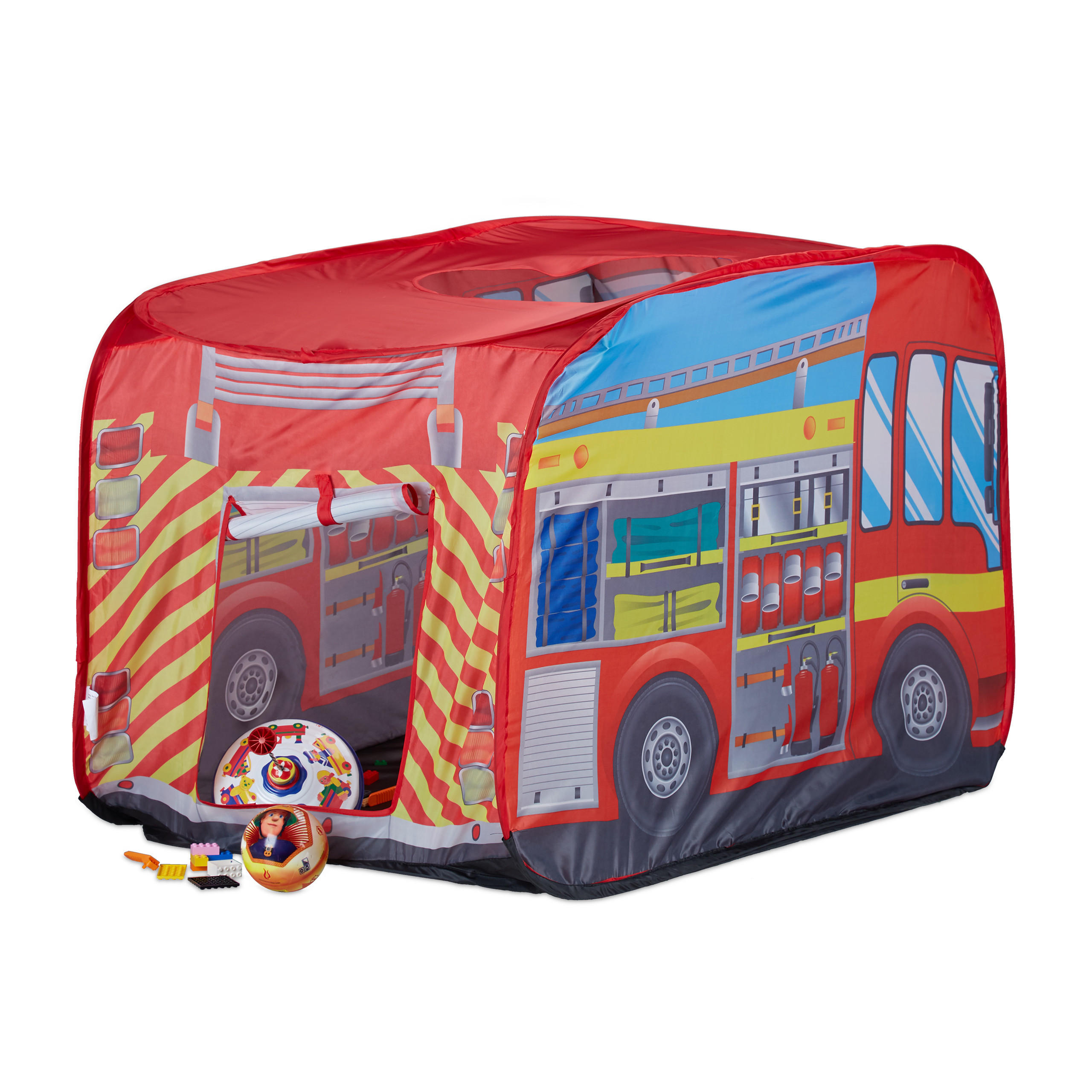 SPIELZELT Bunt Pop Up Feuerwehrmotiv Polyester 70x110x70 cm - Multicolor, Textil/Metall (70/110cm) - Relaxdays