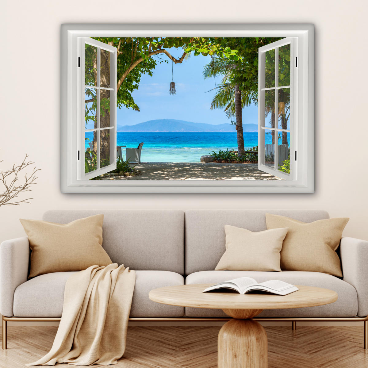 LEINWANDBILD Aussicht - Baum - Meer - Palme - Hügel - Strand - Blau Wohnzimmer Groß 120x80 cm - Blau, Textil (120/80cm) - MuchoWow