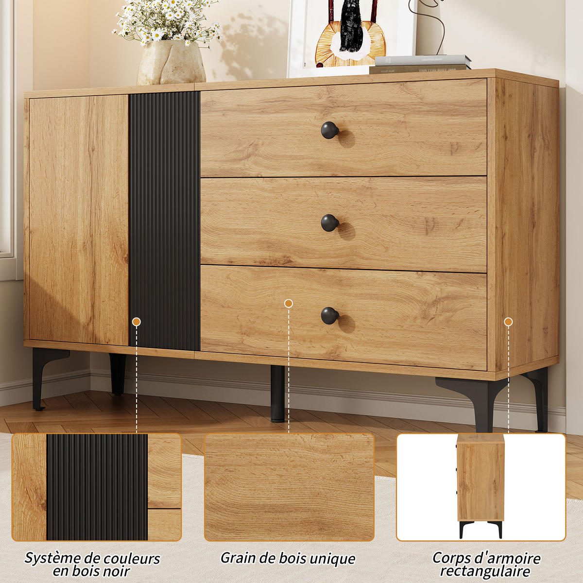 SIDEBOARD 120 cm Naturholz & Schwarz mit Tür, 3 Schubladen & Metallbeinen im skandinavischen Stil - Naturfarben, Holzwerkstoff (120/76/35cm) - Urban Meuble