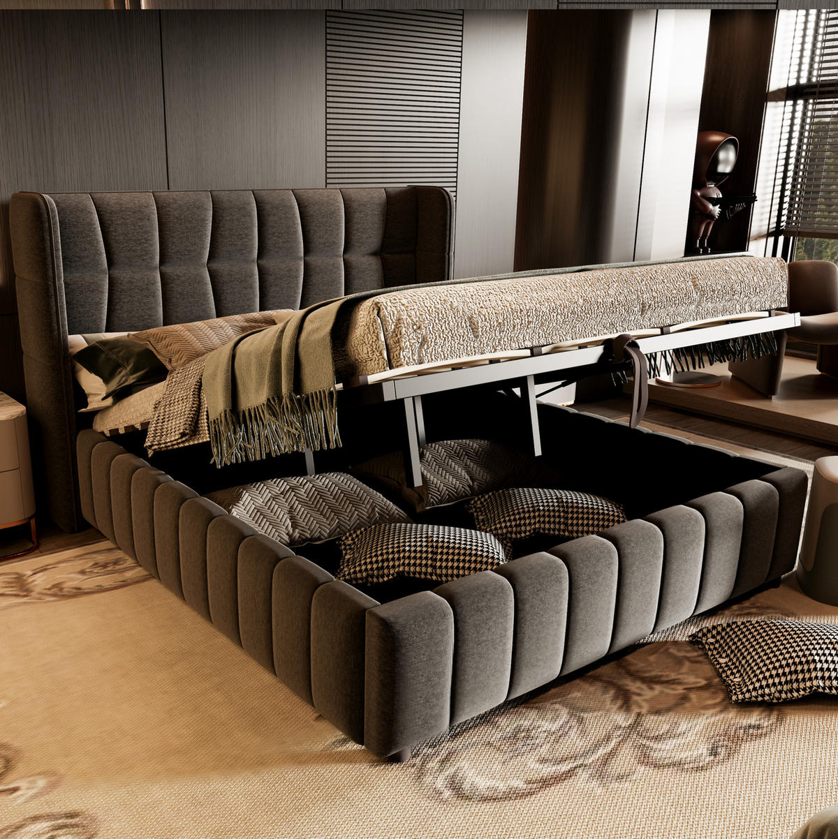 POLSTERBETT 180/200 cm aus Stoff mit Stauraum und Lattenrost Grau - Grau, Textil (180/200cm) - Modenvie