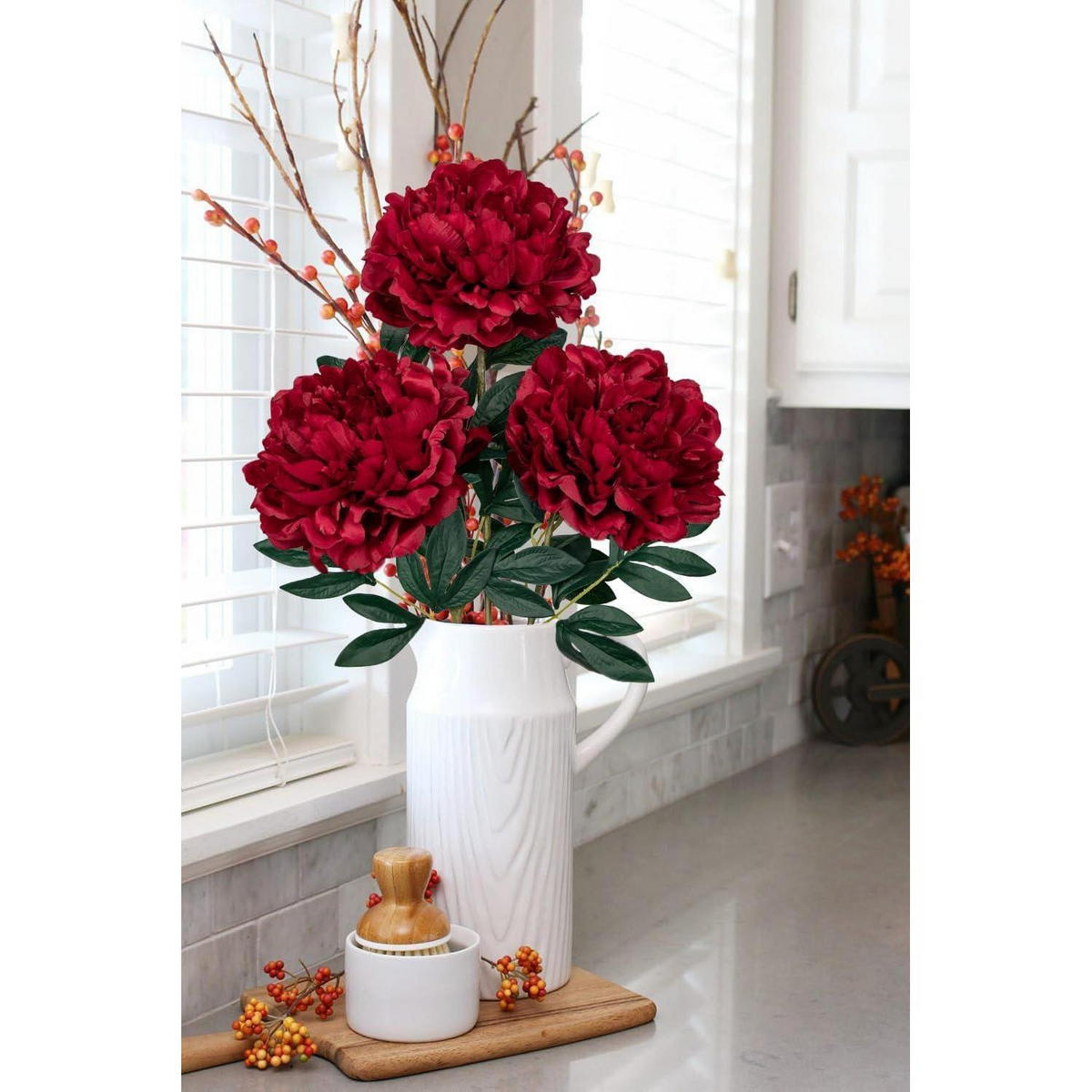 KUNSTBLUMEN 3er Set Pfingstrosen 74 cm dunkelrot - Bordeaux, Kunststoff (38cm)