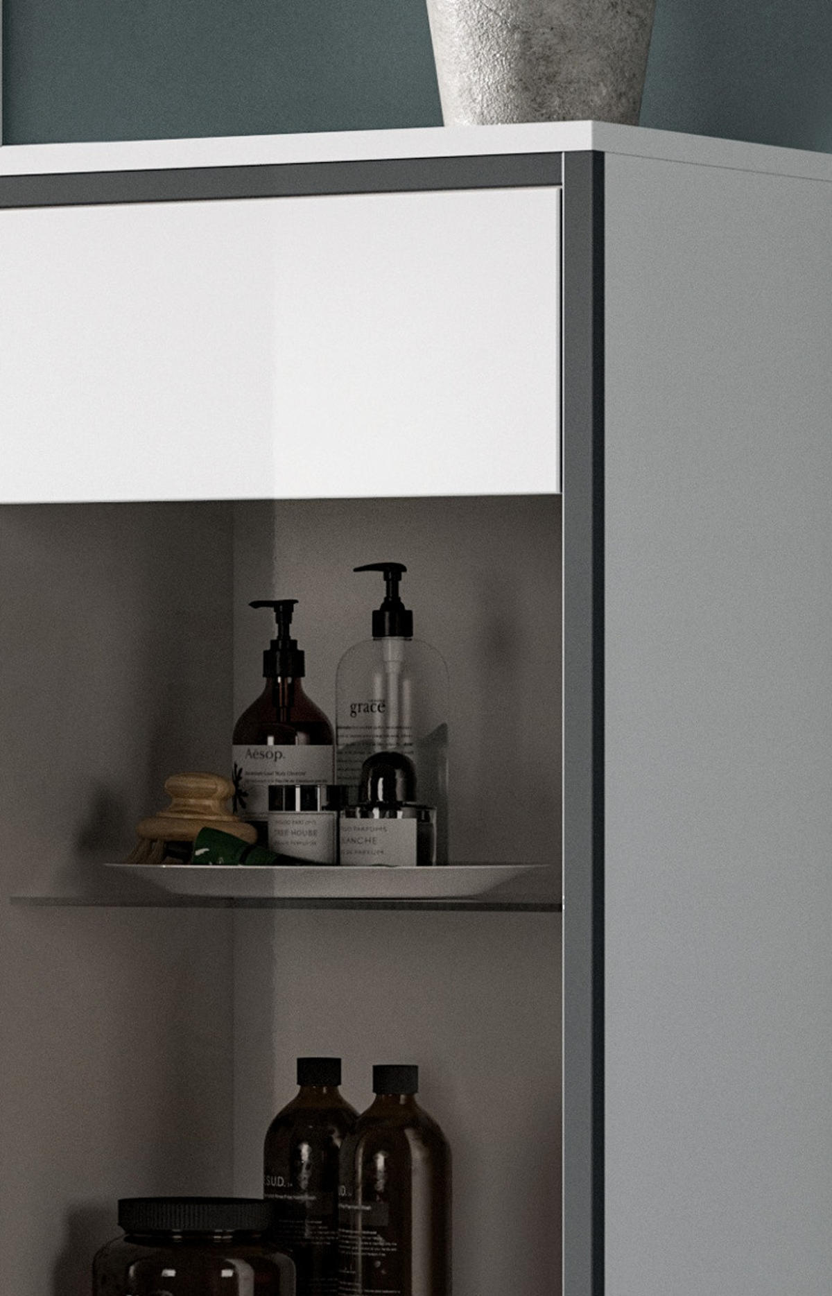 BADMÖBEL-SET 4-teilig 170 cm weiß Hochglanz, grau, Badezimmerschränke mit viel Stauraum - Weiß Hochglanz/Schwarz, Glas/Holzwerkstoff (170/190/37.5cm) - Inn.Furn