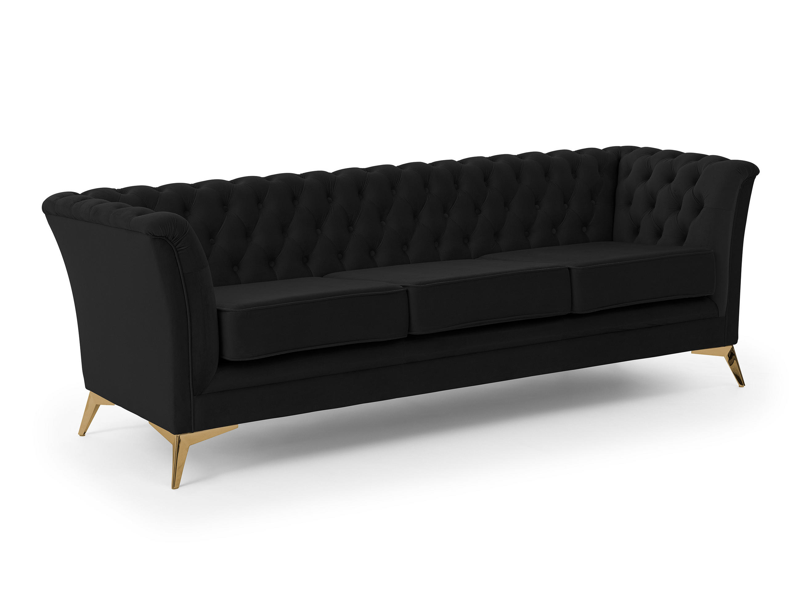 CHESTERFIELD-SOFA 3-sitzer Whitby Schwarz Samt mit goldenen Füßen - Goldfarben/Schwarz, Holz/Textil (237/78/82cm) - S-Style Möbel