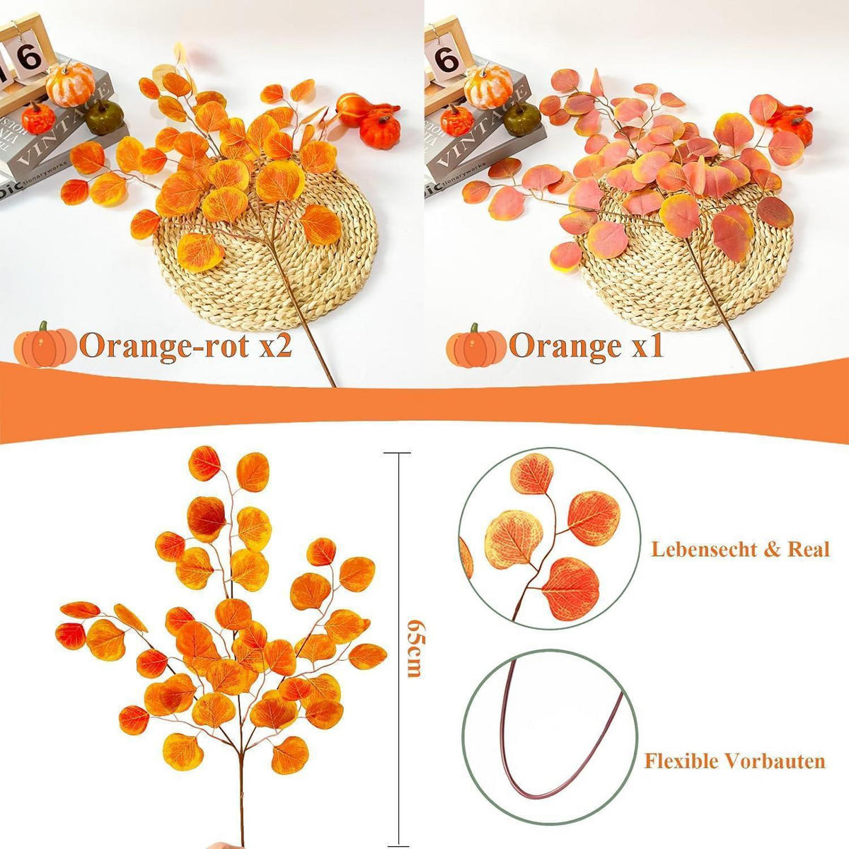 KUNSTPFLANZEN 3 Bündel Künstlicher Eukalyptus 65 cm Orange - Orange, Kunststoff (3cm)