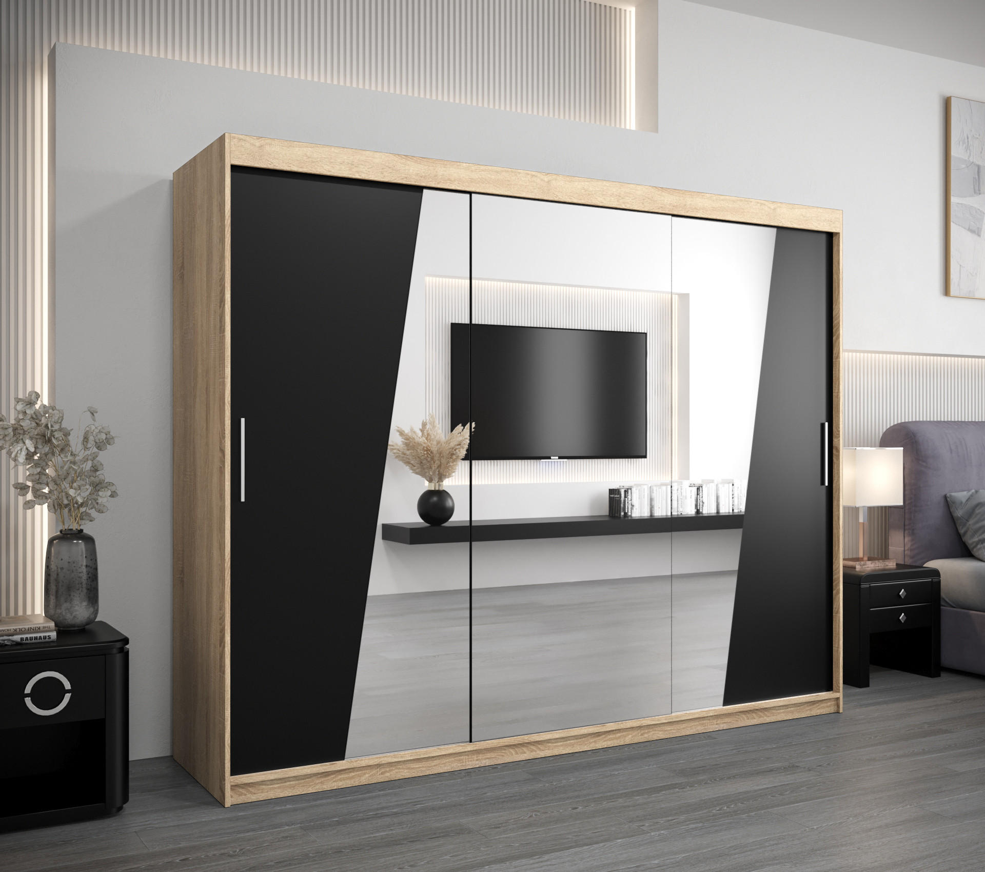 SCHWEBETÜRENSCHRANK 200/250/62 3-türig - Silberfarben/Schwarz, Holz/Kunststoff (250/200/62cm) - Abiks Möbel