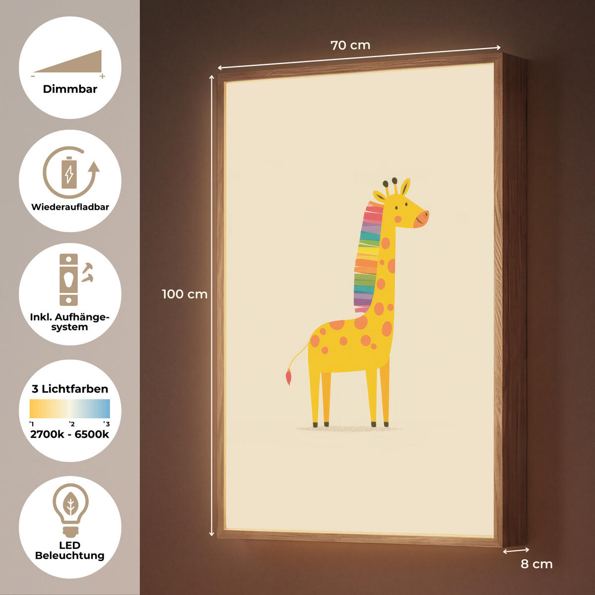 NÁSTĚNNÁ LAMPA S AKUMULÁTOREM Žirafa - Duhová hříva - béžová 70x100 cm - béžová, kompozitní dřevo (70/100/8cm) - OnlyWow