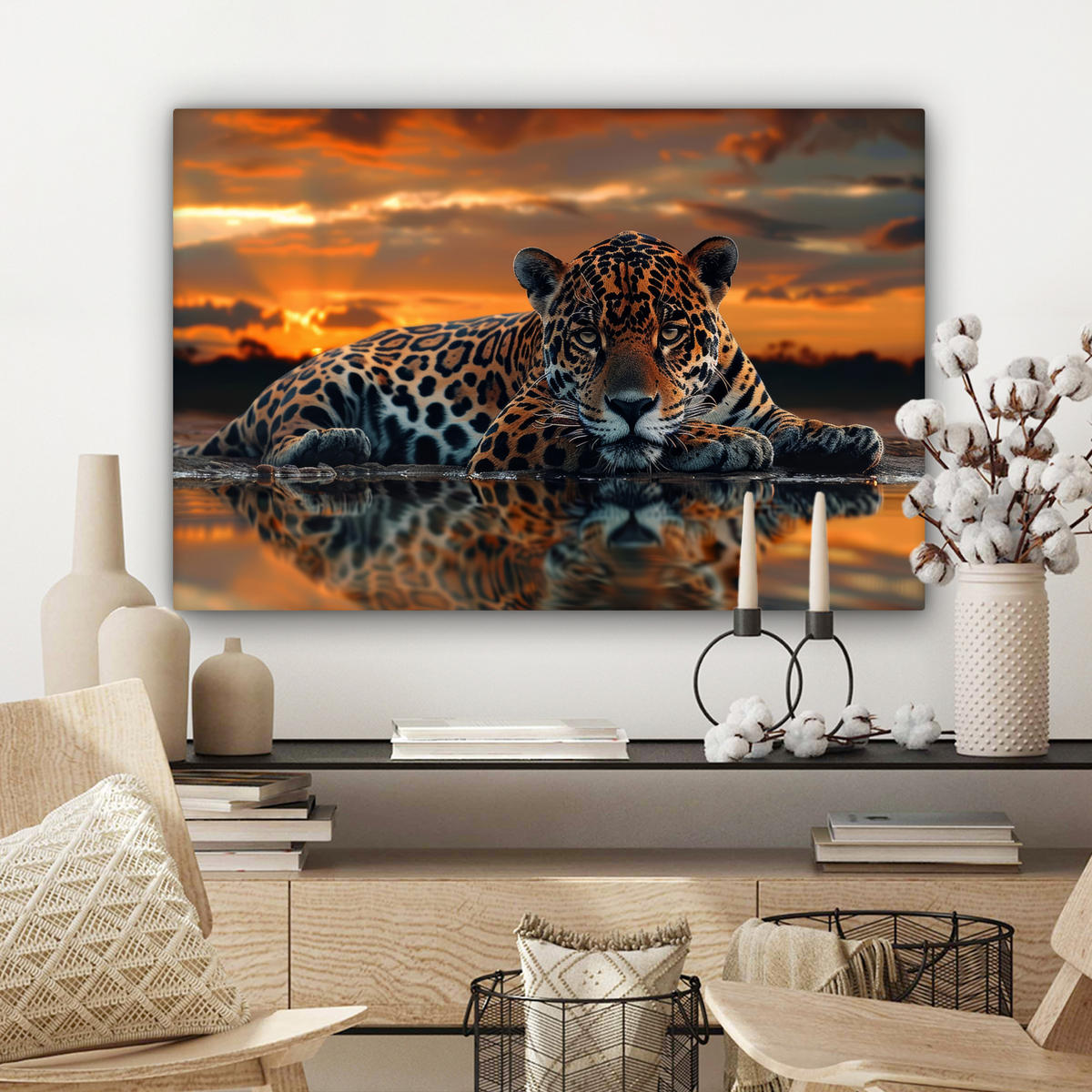 LEINWANDBILD Natur - Leopard - Tier - Sonnenuntergang - Modern Wanddeko 90x60 cm - Orange, Textil (90/60cm) - MuchoWow