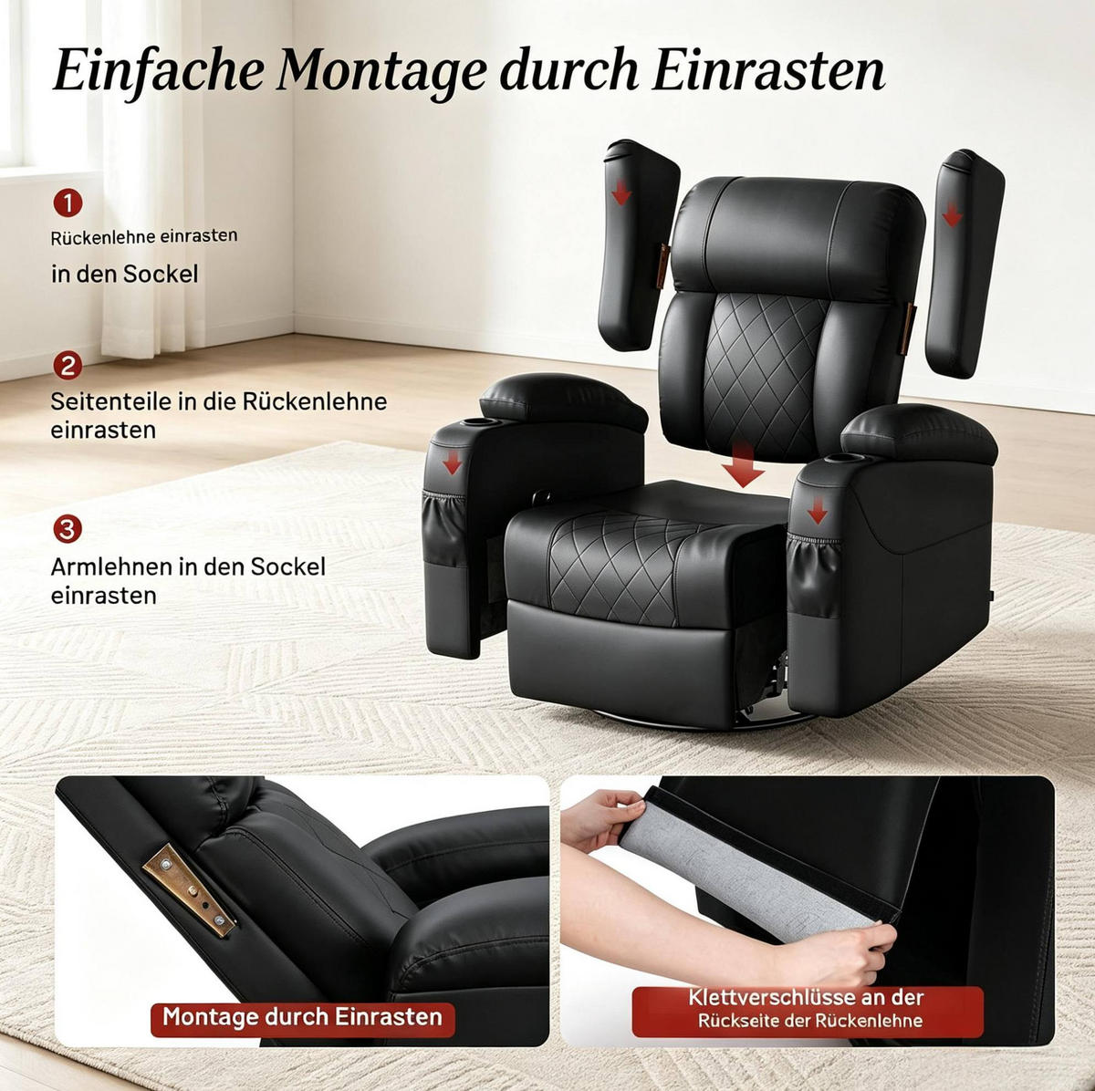 RELAXSESSEL in Schwarz 94,5x87x103,5 cm mit Dreh- und Wippfunktion - Schwarz, Textil (87/103.5/94.5cm) - IVMEU