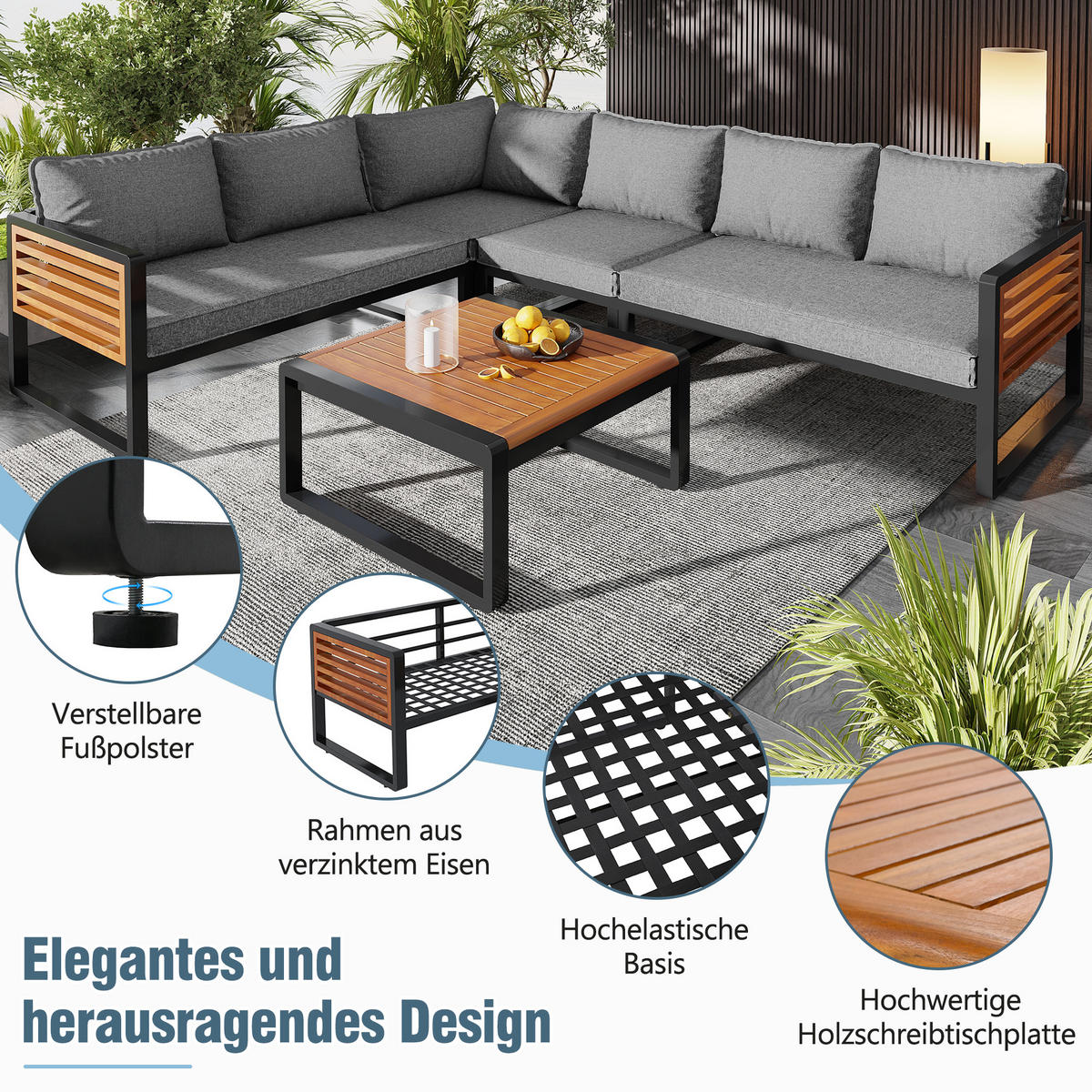 LOUNGESET Modern Grau Mit Verzinktem Rahmen & Holzarmlehnen - Grau, Metall - FLIEKS
